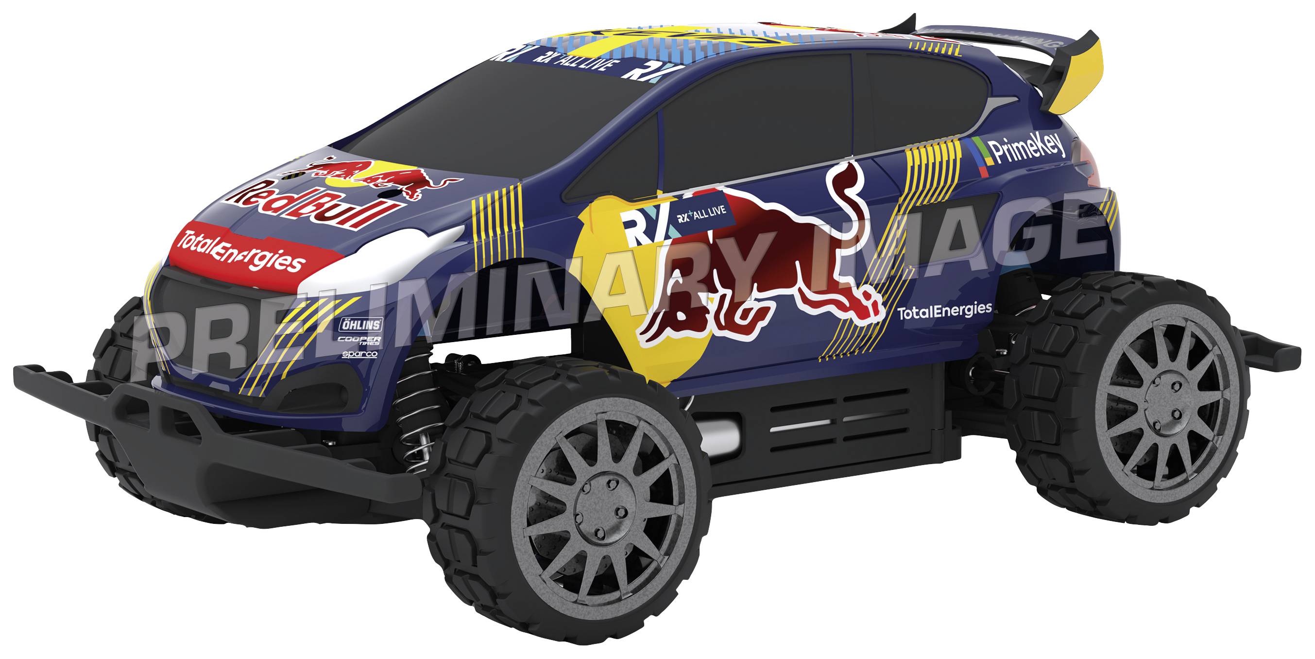 Egy kék játékautó rally-stílusban, nagy kerekekkel és színes grafikákkal a karosszérián, amelyen egy vörös bika is látható.