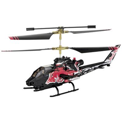 Egy távirányítású helikopter fekete, piros és fehér dizájnnal. A rotoros részek felül vannak elhelyezve.