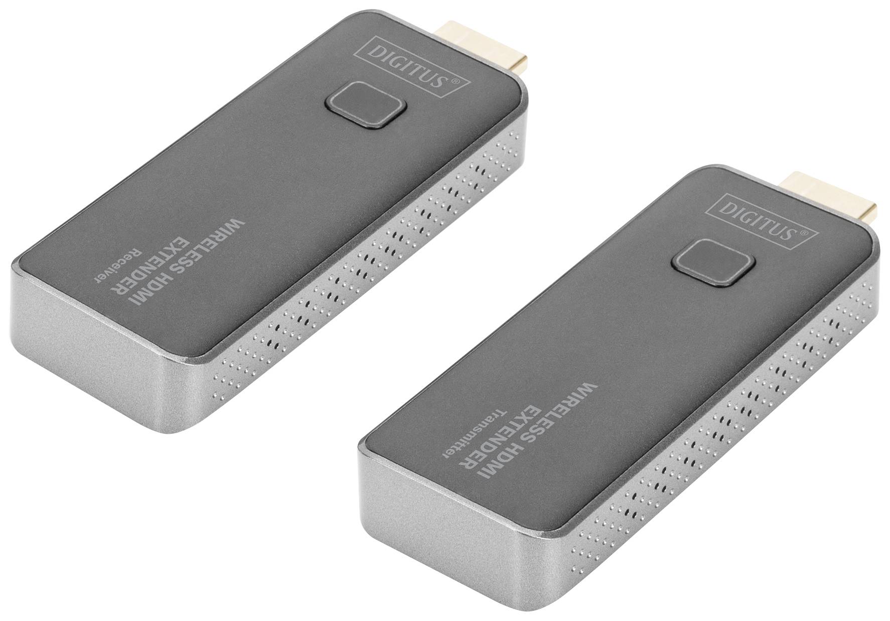 Két DIGITUS típusú, vezeték nélküli HDMI-elosztó eszköz, kompakt kialakítással és HDMI-csatlakozóval, amelyek vezeték nélküli videóátvitelre alkalmasak.