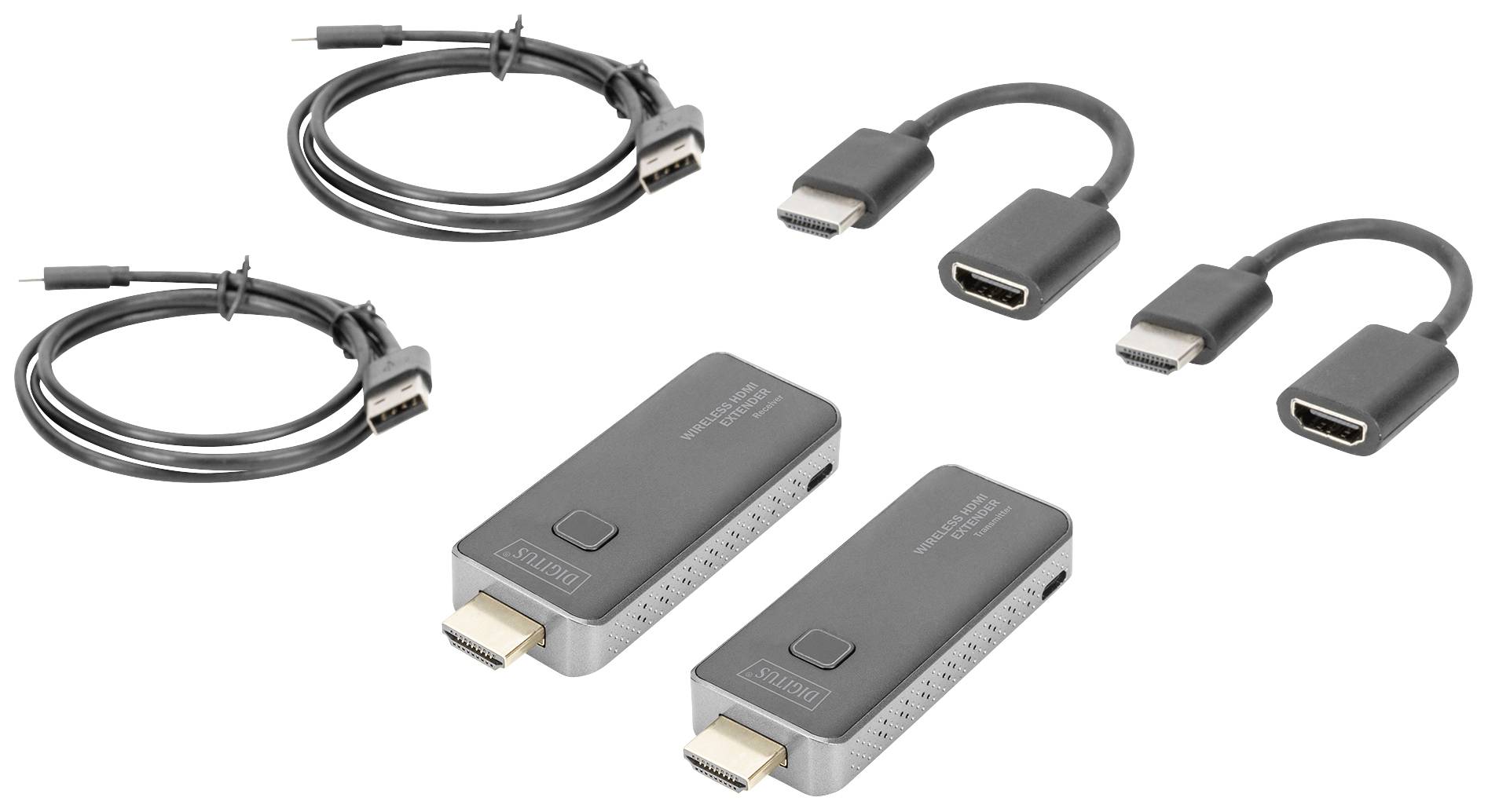Két HDMI-jelismétlő, két rövid adapterkáel és két hosszabb HDMI-kábel fehér háttér előtt, jelvezetésre.