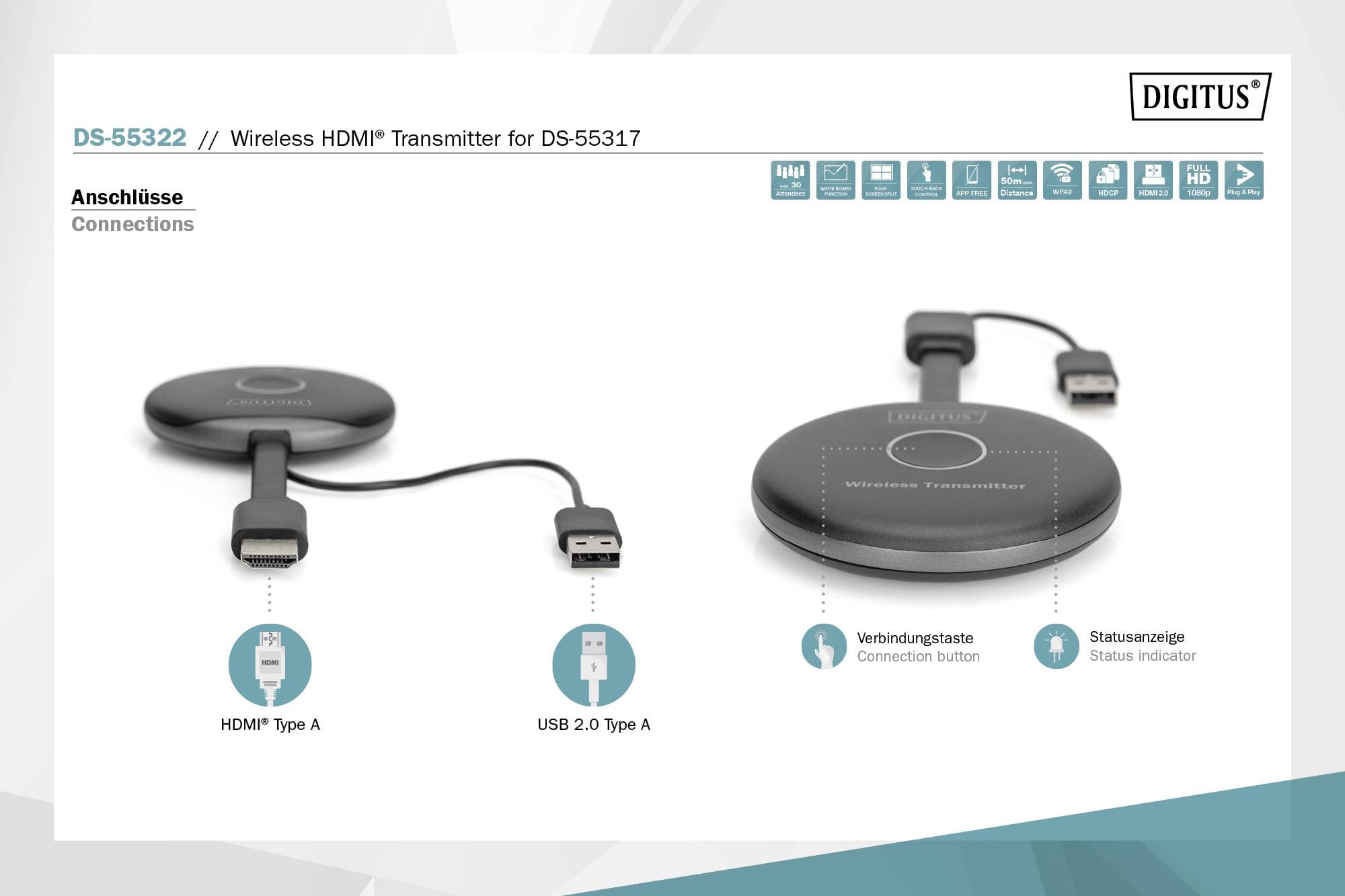 'DIGITUS' Vezeték nélküli HDMI adó, DS-55322 modell, HDMI és USB csatlakozóval. Szimbólumok: Kapcsolat állapota és kapcsológomb.