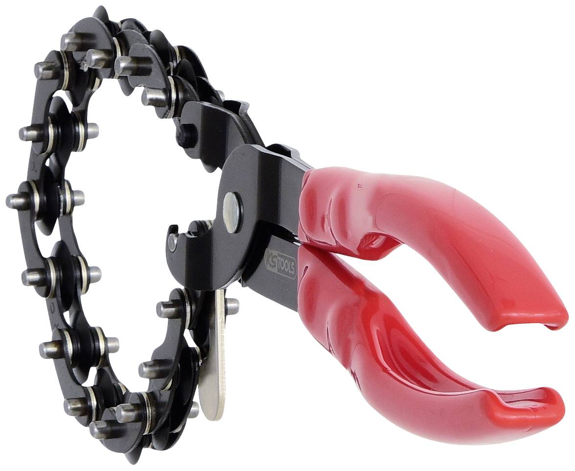 Piros fogós olajszűrő-leszedő, fémláncszerű kialakítással, amelyet olajszűrők eltávolítására használnak. Ergonomikus markolattal rendelkezik.