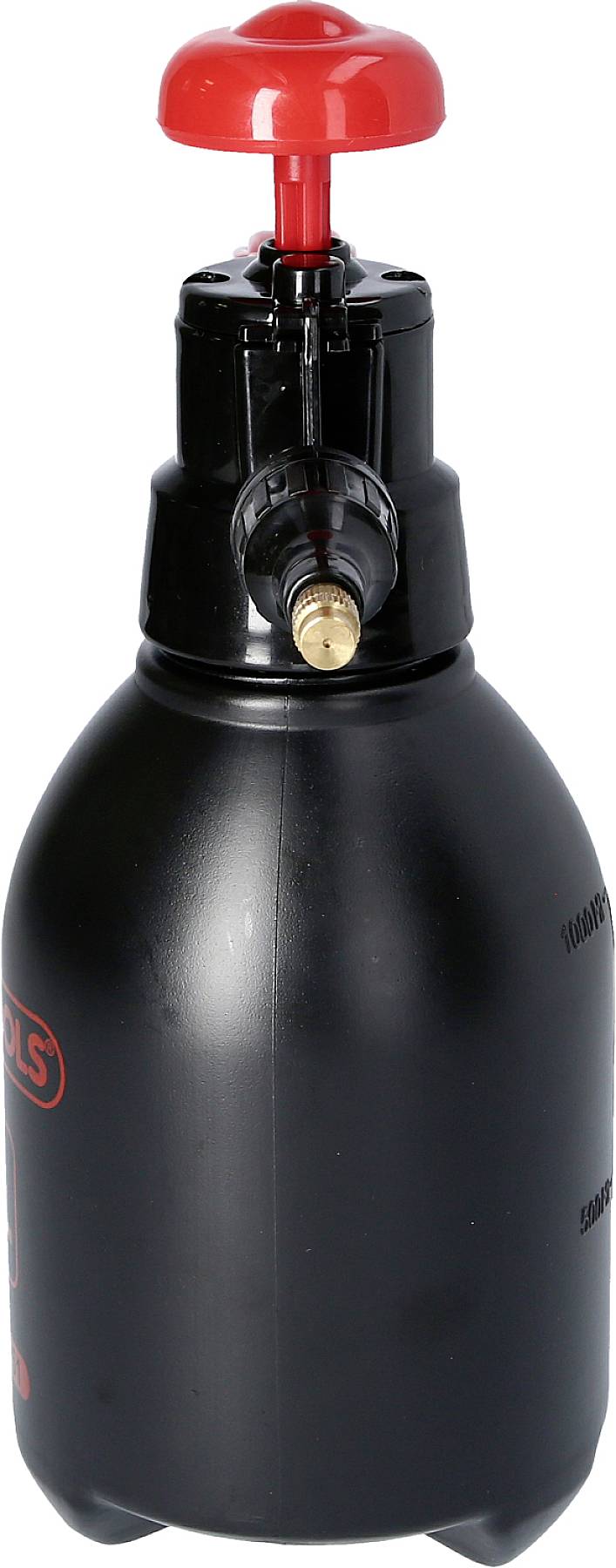 Piros nyomógombos kézi permetező fekete tartállyal, alkalmas növényápolásra vagy takarításra.