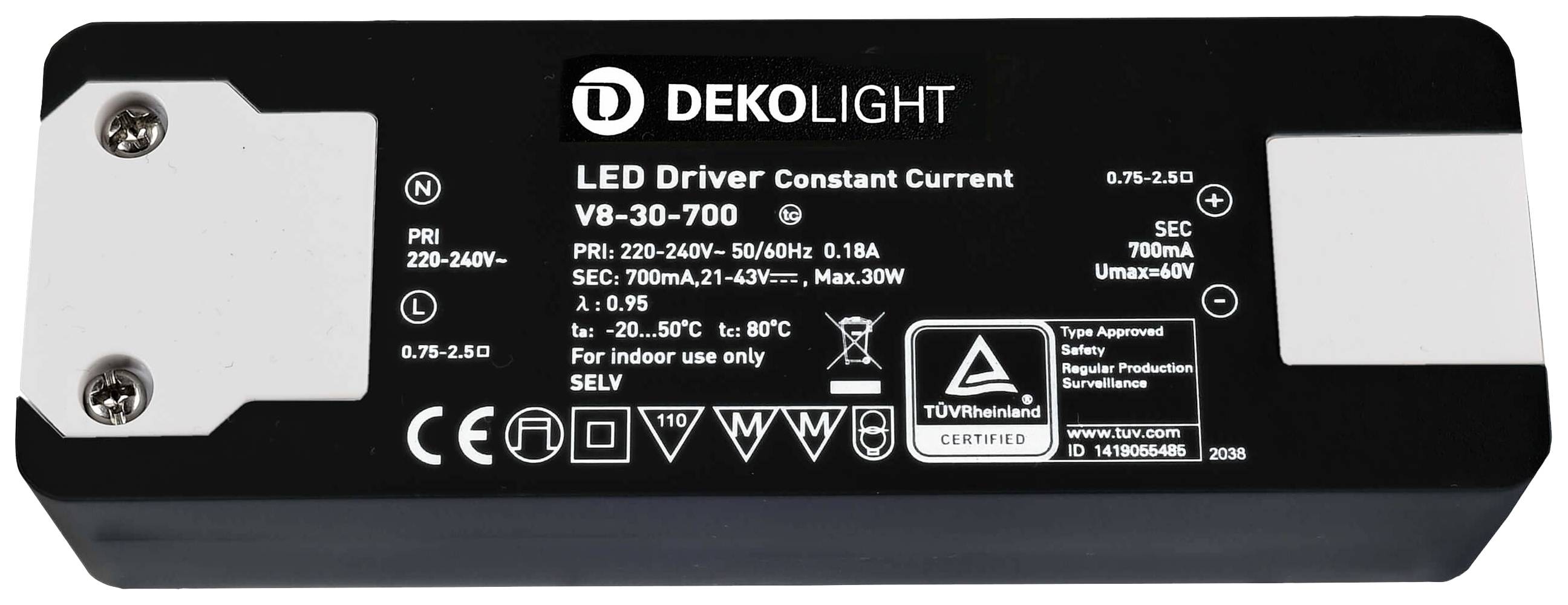 Deko Light BASIC, CC, V8-30-700mA/30W LED meghajtó Állandó áramú 30 W 700 mA 21 - 43 V 1 db