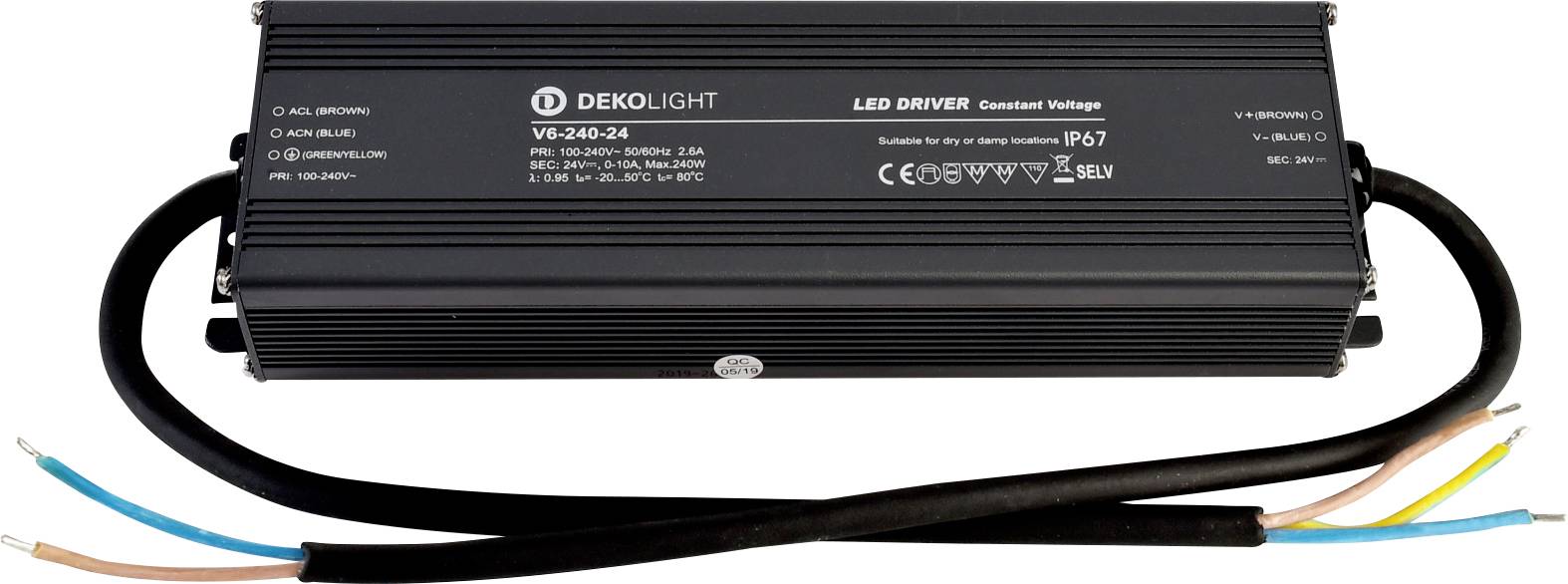 LED tápegység ház 'DEKOLIGHT LED DRIVER 240W' csatlakozókábelekkel. Alkalmas LED-világításhoz, IP67 védettséggel.
