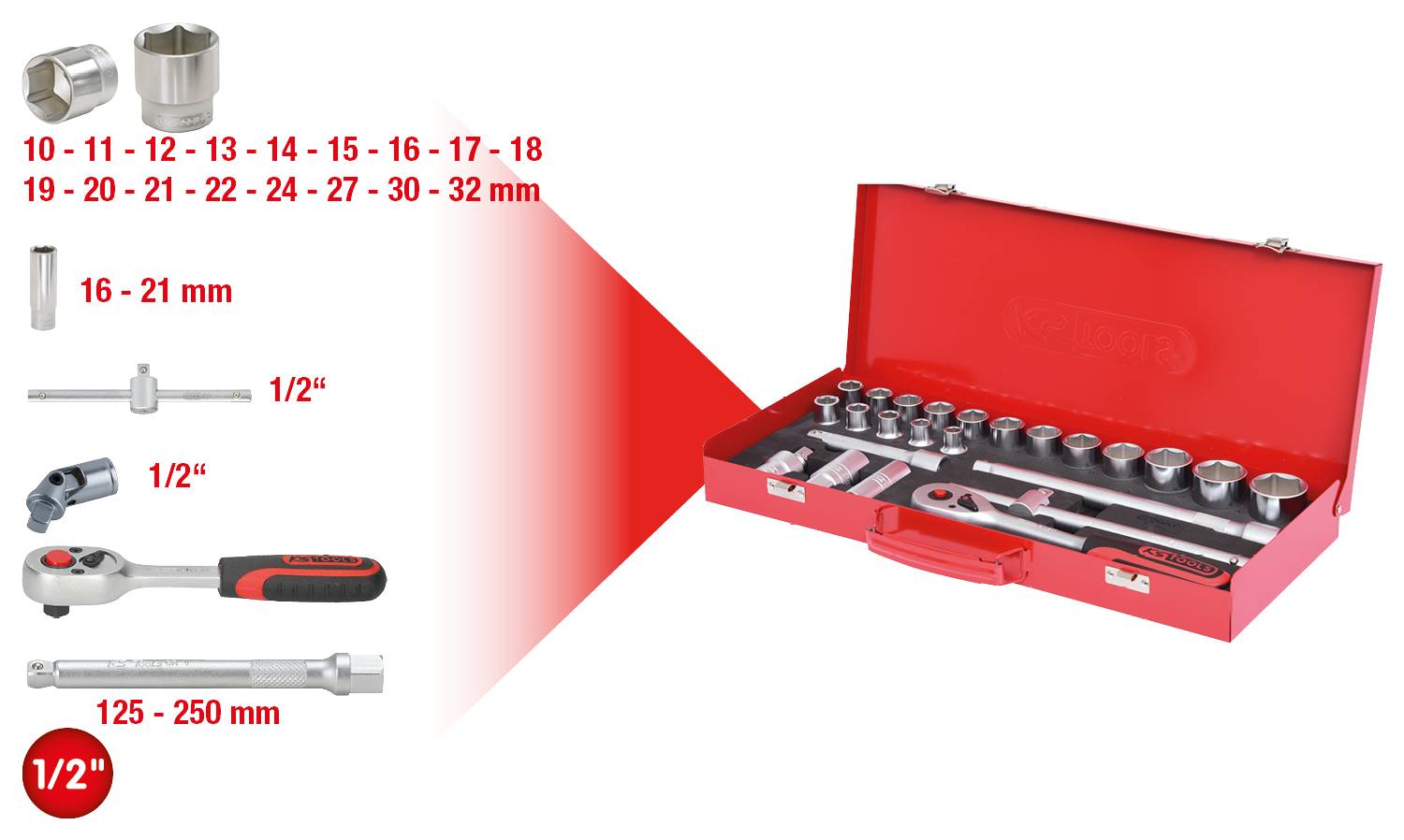 Piros szerszámosláda dugókulcs-készlettel és tartozékokkal. Mérettartomány 10-32 mm, hosszabbítók 125-250 mm és 1/2 hüvelykes racsni tartozék.
