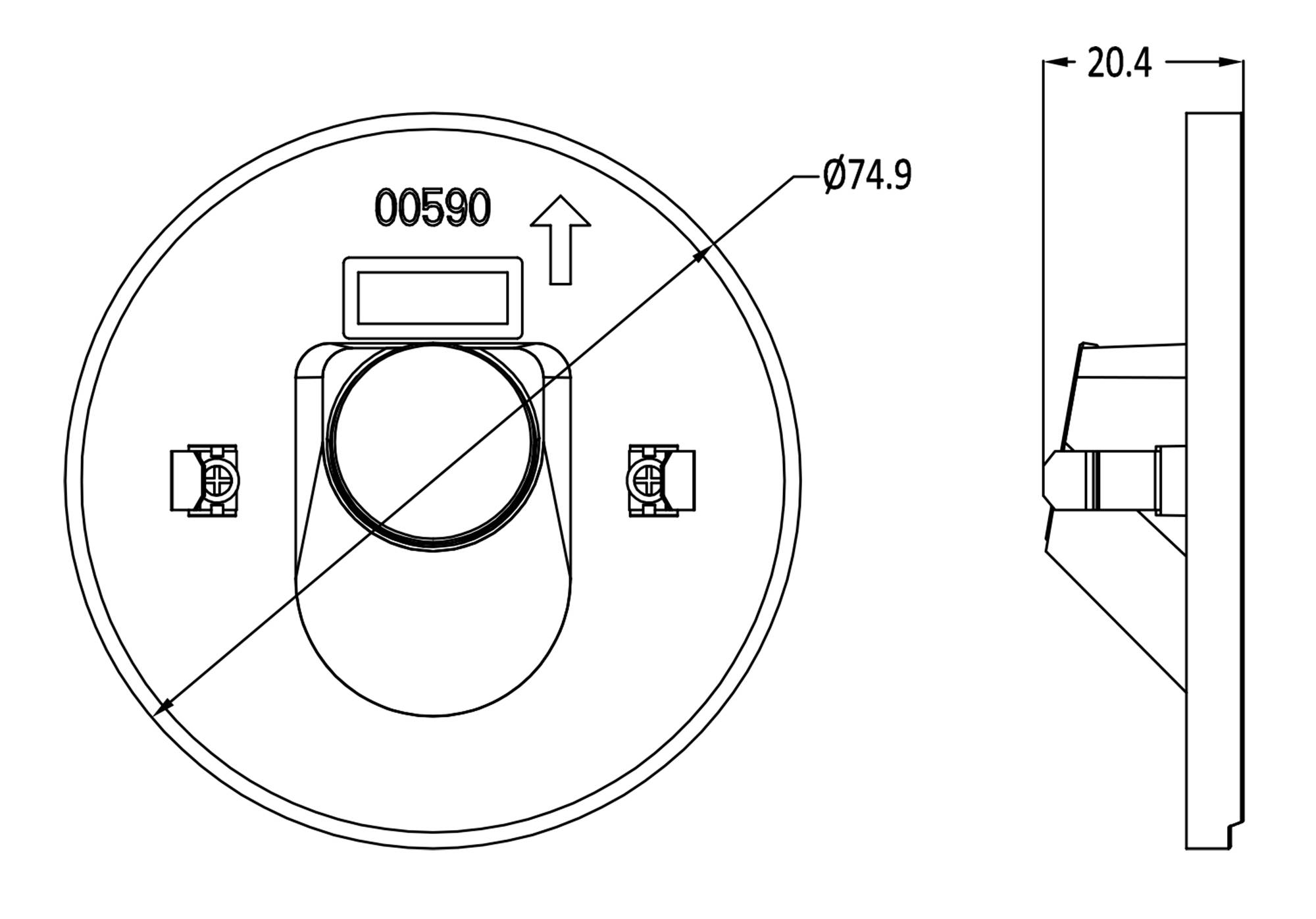 Műszaki rajz egy kerek alkatrészről, 74,9 mm átmérővel és 20,4 mm magassággal. Tartalmaz egy '00590' számot és két csatlakozót.