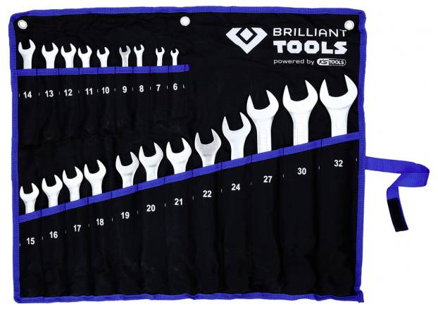 A 'Brilliant Tools' szerszámkészlet, amely tizenhat kulcsot tartalmaz 6-tól 32-es méretig, rendezetten elhelyezve egy kék szegélyes feltekerhető tokban.