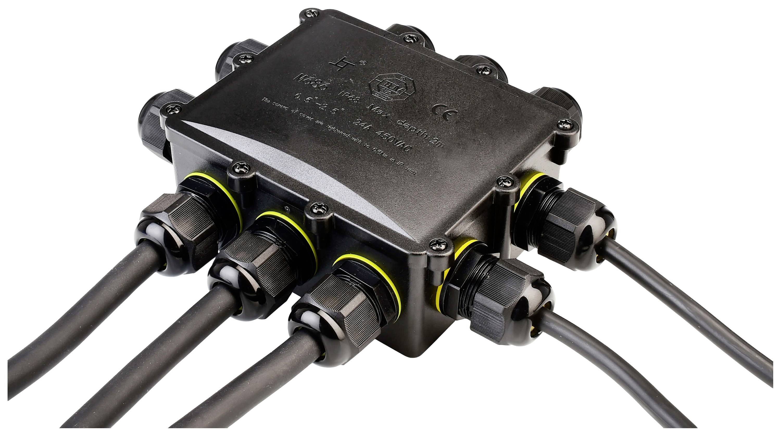 Egy fekete elosztódoboz több kábellel, amelyek különböző csatlakozókhoz vannak bekötve. Ipari alkalmazásokhoz megfelelő.