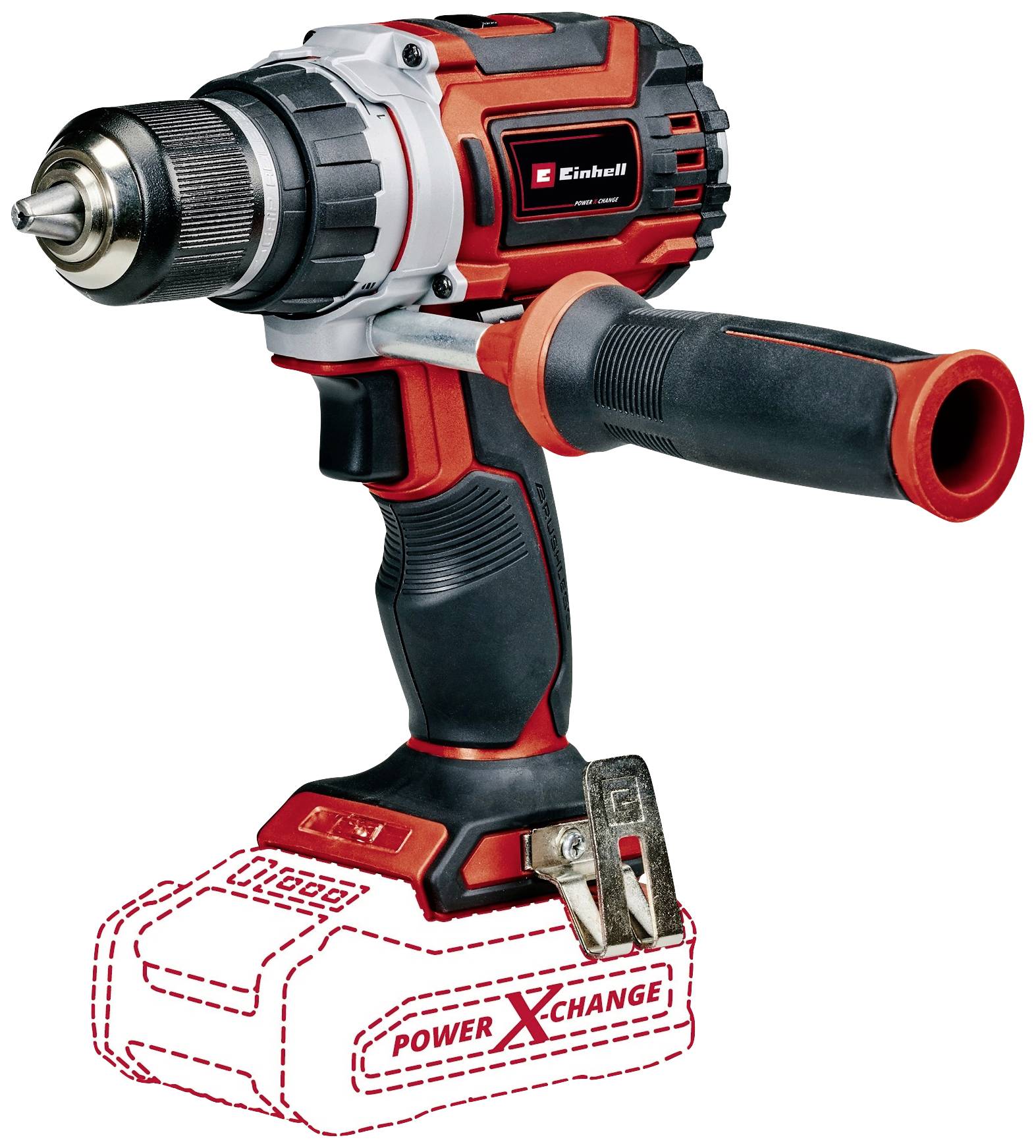 Akkumulátoros csavarozó ergonomikus markolattal és tokmánnyal, 'Einhell' felirattal. Piros burkolat, akkumulátor nélkül.