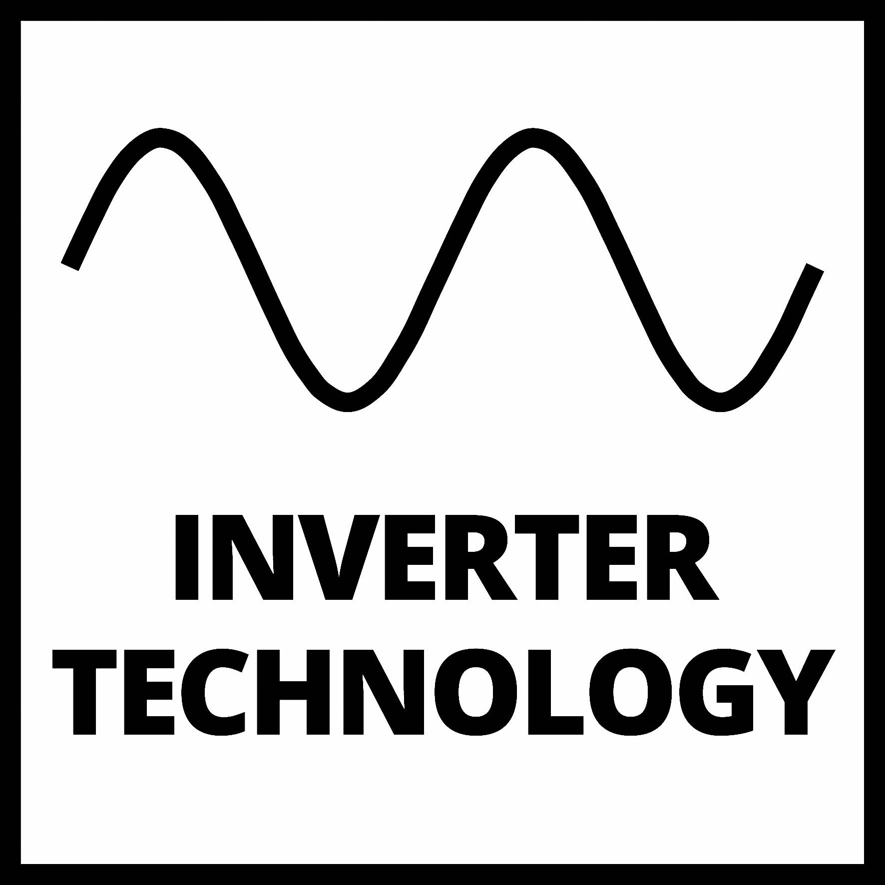 Fehér doboz fekete hullámos szinusz szimbólummal, alatta a felirat: 'INVERTER TECHNOLÓGIA'.