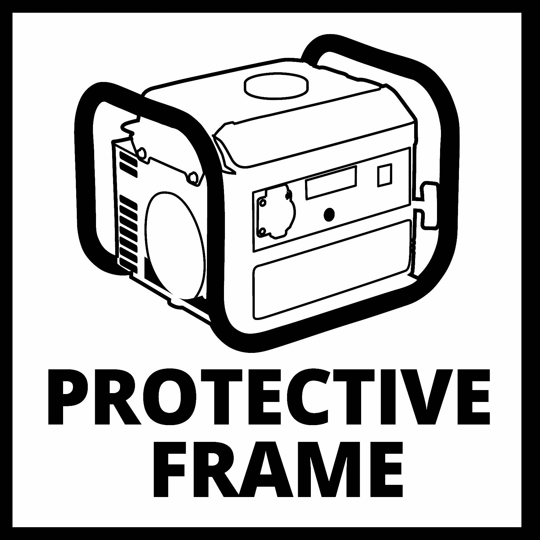 Egy védőkerettel ellátott generátor látható; alatta a 'Protective Frame' felirat.