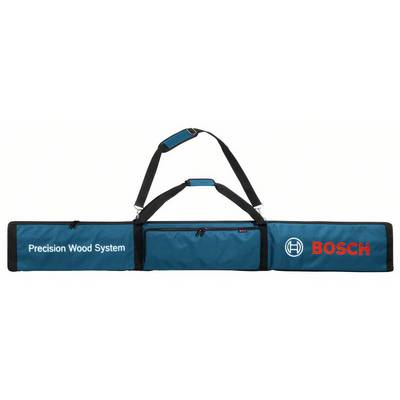 Hosszú, kék bevásárlótáska fekete fogantyúval. Bal oldalán 'Precision Wood System' felirat, jobb oldalán 'BOSCH' és a Bosch logó.