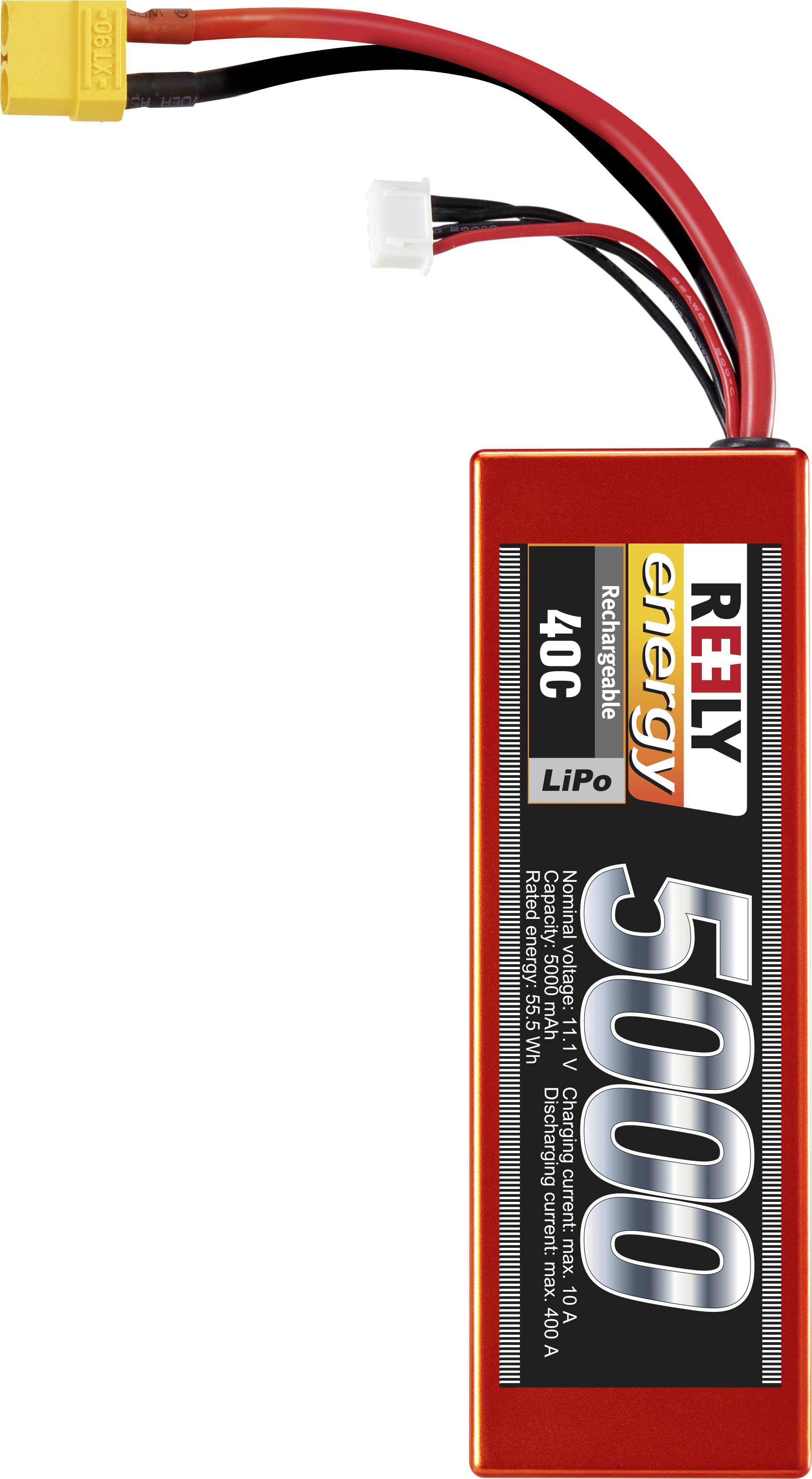 Reely márkájú LiPo akkumulátor 5000mAh és 11,1V teljesítménnyel. Nagyteljesítményű alkalmazásokhoz alkalmas. Piros borítással, csatlakozókábelekkel és csatlakozókkal.