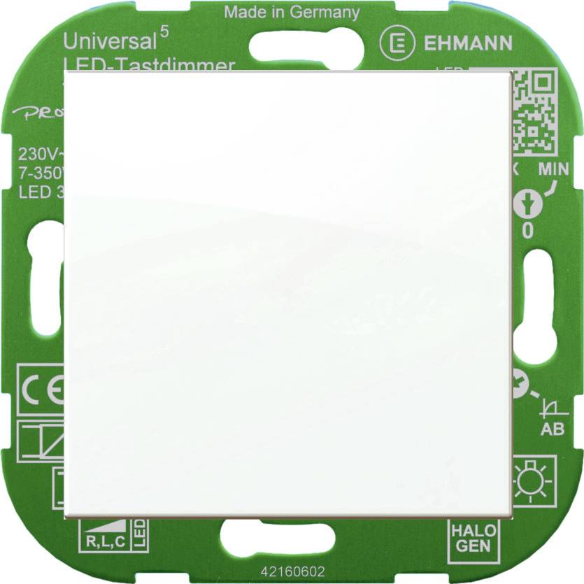 Egy négyzet alakú, zöld LED-fényerőszabályzó Ehmann márkától. Felirata: 'Univerzális LED-érintőgombos dimmer, 230V, 7-350W.' Gyártva Németországban.