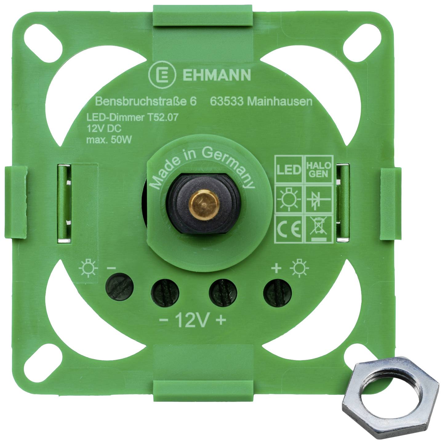 Ehmann zöld LED-dimmere, T52.07 típus, 12V és legfeljebb 50W teljesítményhez, 'Made in Germany' felirattal.