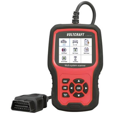 Egy piros VOLTCRAFT OBD-II diagnosztikai szkenner gombokkal és kijelzővel, amelyen menüopciók láthatók, mint a 'OBDII' és a 'Reset'.