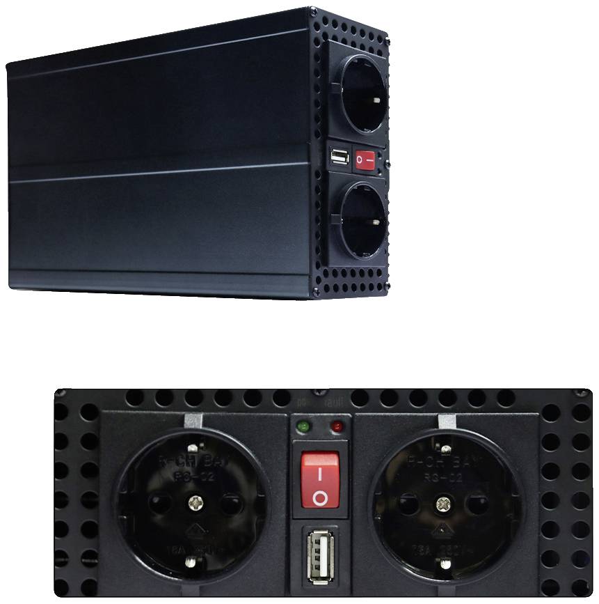 Áramátalakító két csatlakozóaljzattal, USB-porttal és be-/kikapcsolóval. Fekete ház szellőzőnyílásokkal.