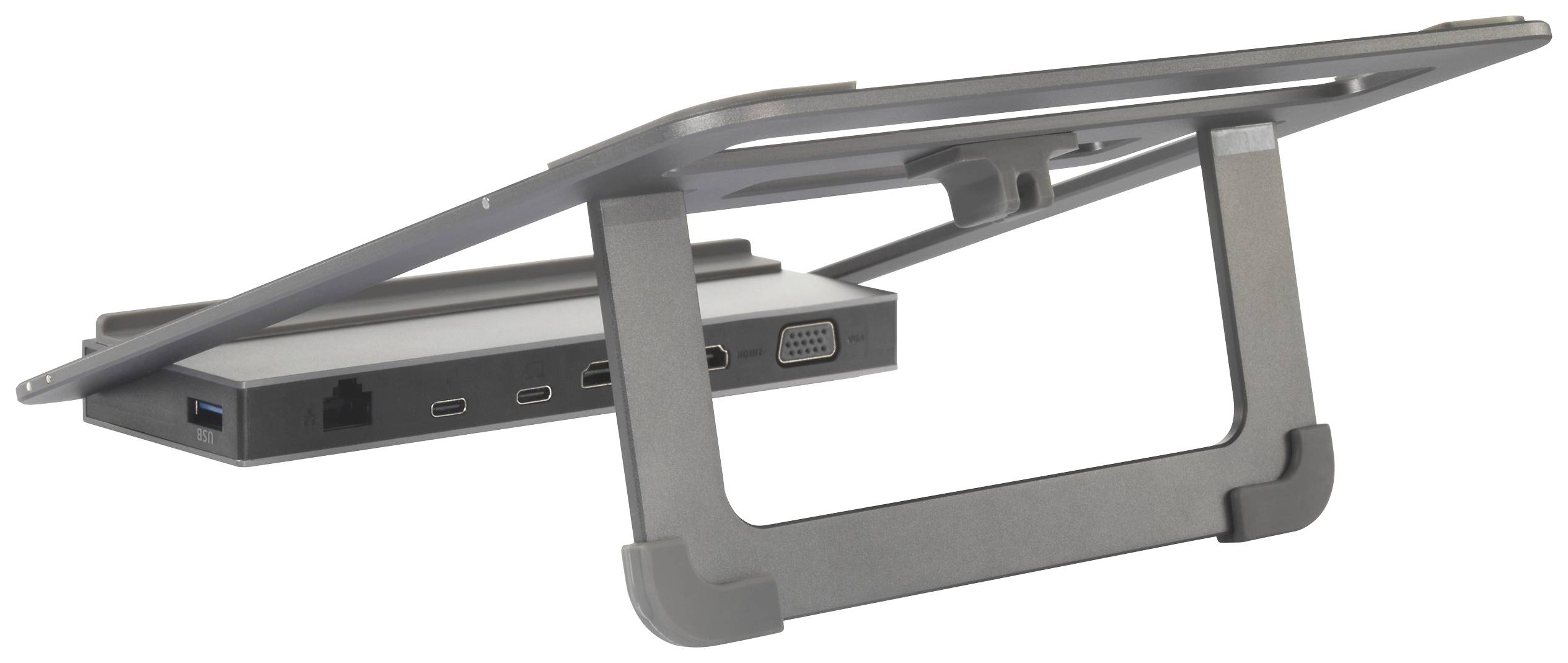 Egy laptop-állvány több csatlakozási lehetőséggel, köztük USB, HDMI és VGA. Az állvány ferdén van elhelyezve a jobb ergonómia érdekében.