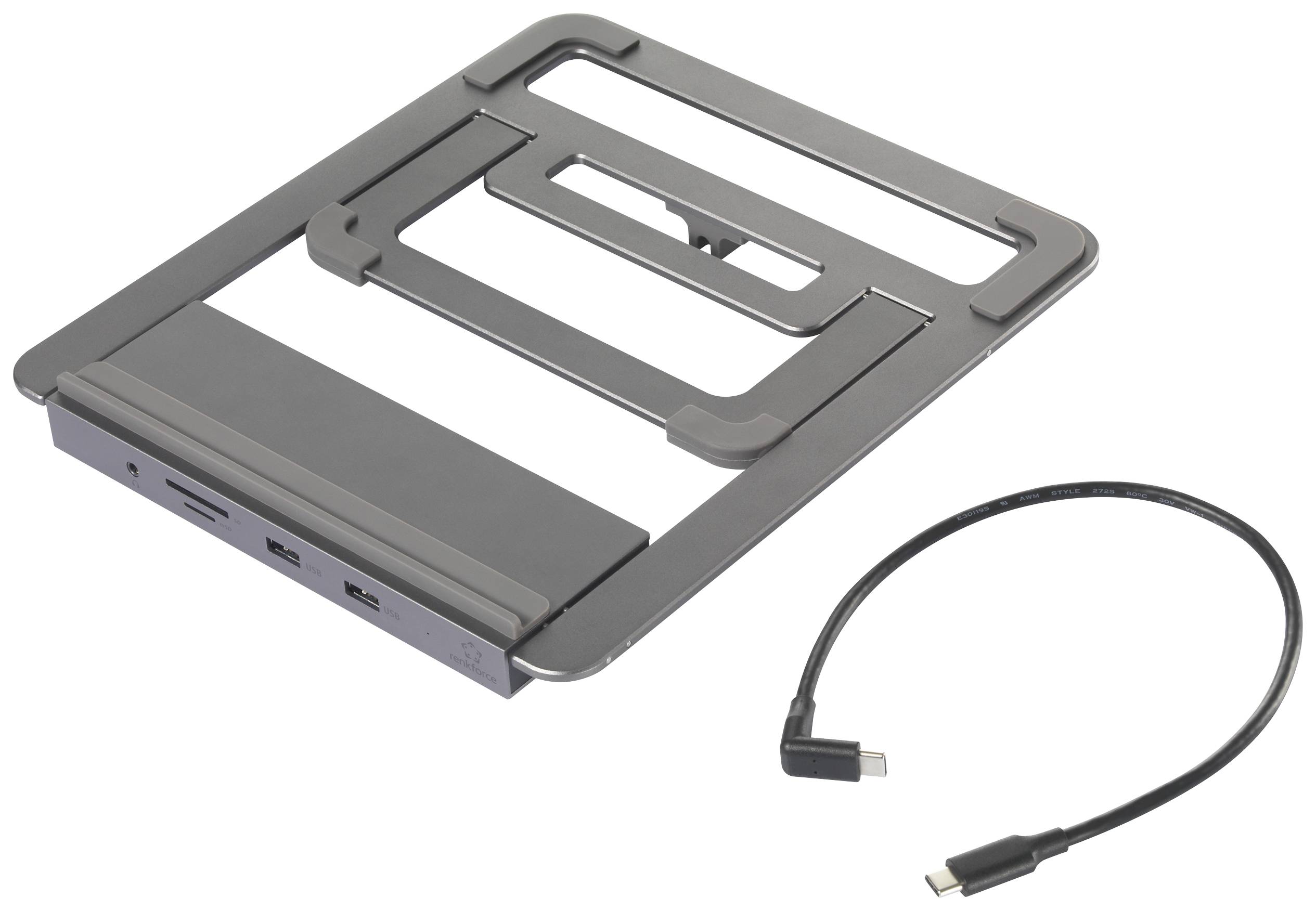 Egy fém laptop-állvány beépített USB-C dokkolóállomással, mellette egy leválasztható USB-C kábel.