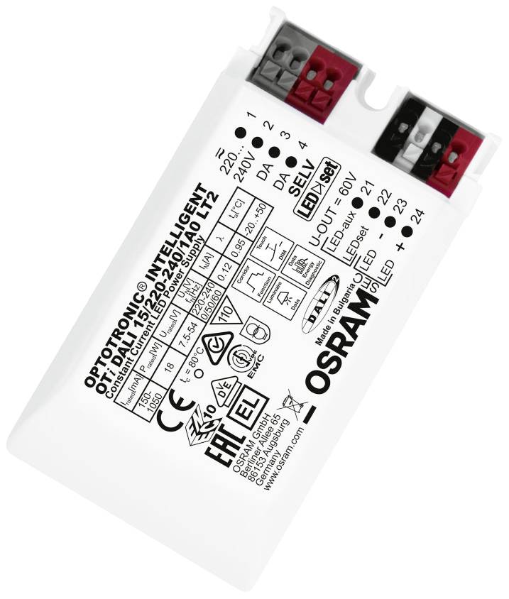 Egy OSRAM LED-meghajtó, OTi DALI 75/220-240/24 1-4 CH modell. Beltéri használatra alkalmas, különböző teljesítmény- és feszültségjellemzőkkel.