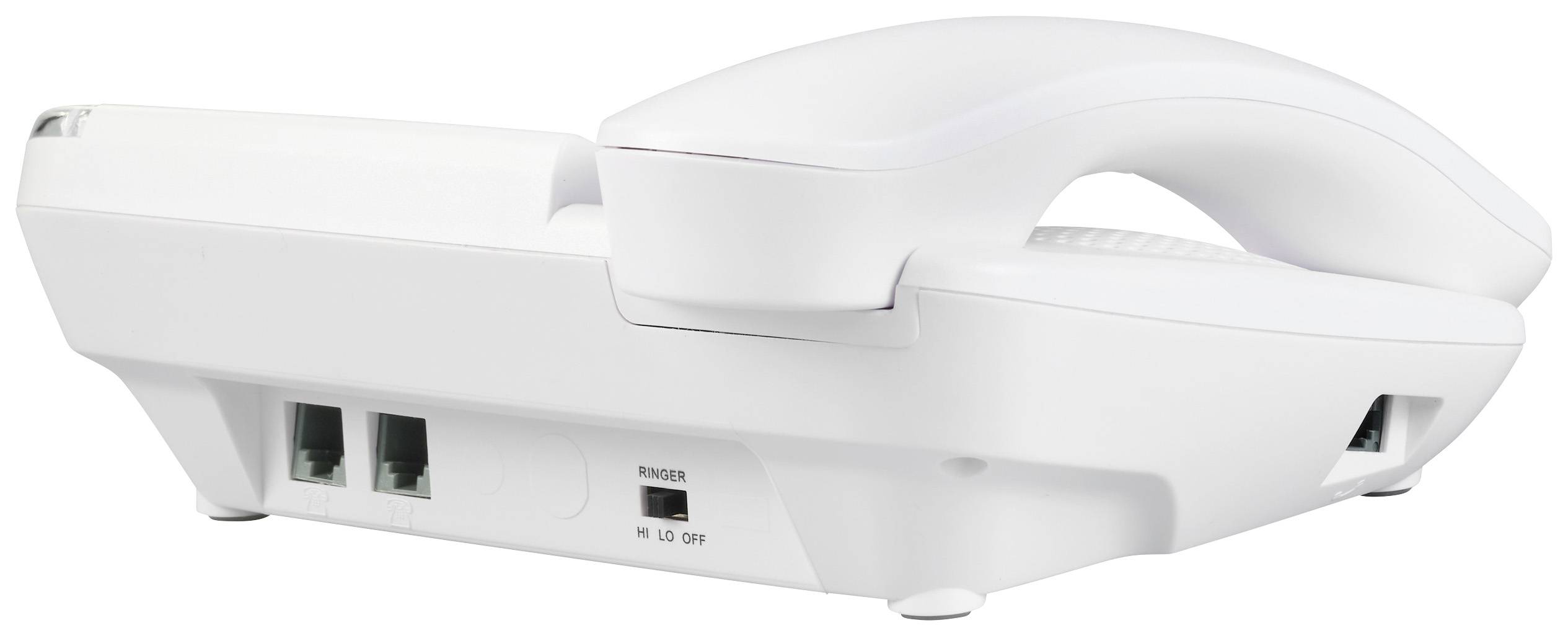 Egy fehér telefon kagylóval, vízszintesen fektetve, két telefonvonalat és egy oldalsó kapcsolót mutat. Asztali vagy fali szerelésre alkalmas.