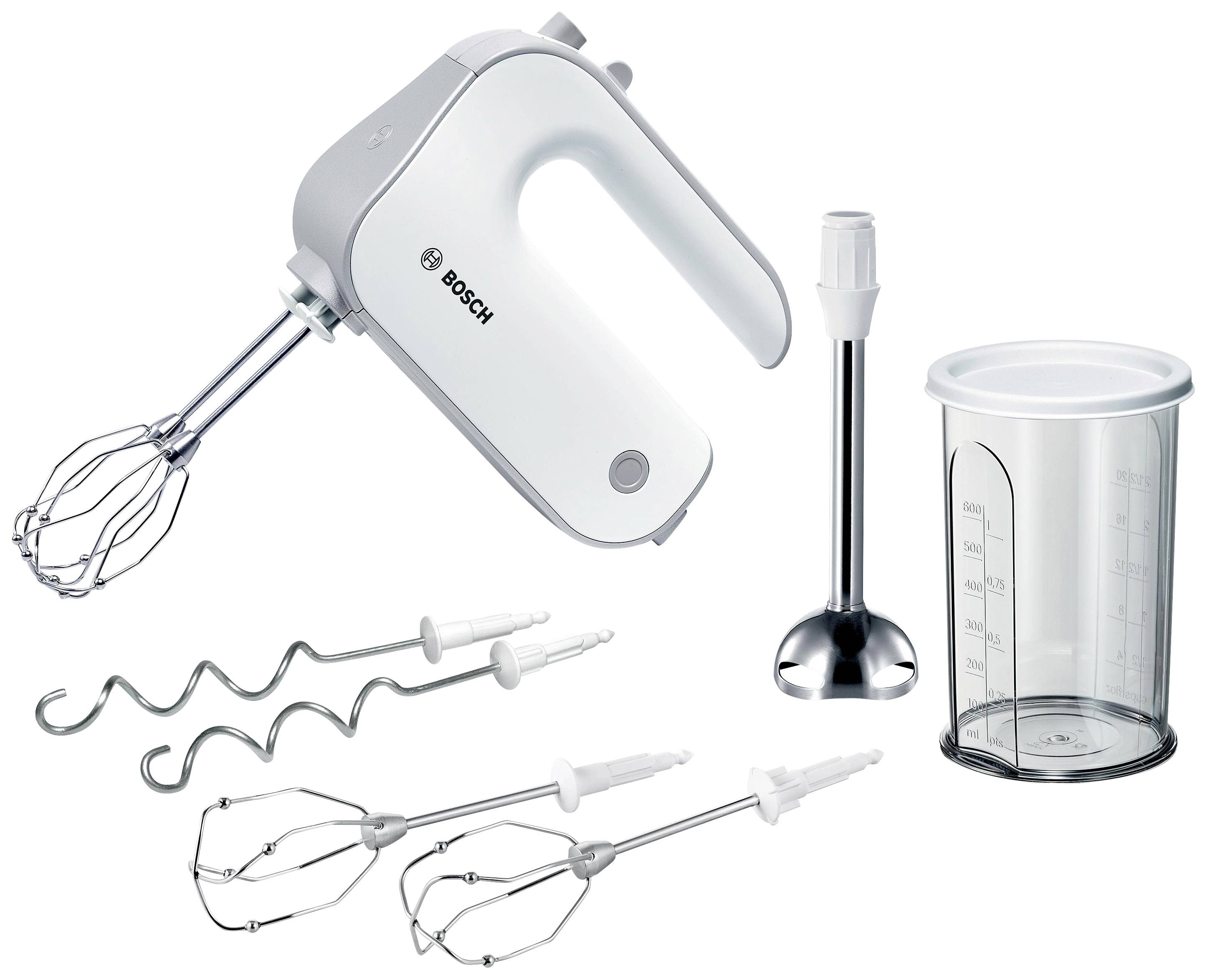 Egy fehér kézi mixer tartozékokkal: habverő, dagasztóhorog, botmixer feltét és mérőpohár. Alkalmas keverésre, gyúrásra és mixelésre.