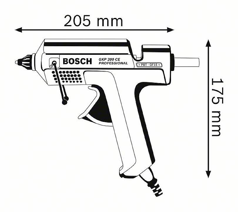 Ragasztópisztoly ábrázolás: Bosch GKP 200 CE Professional 205 mm szélességgel és 175 mm magassággal, oldalnézet.