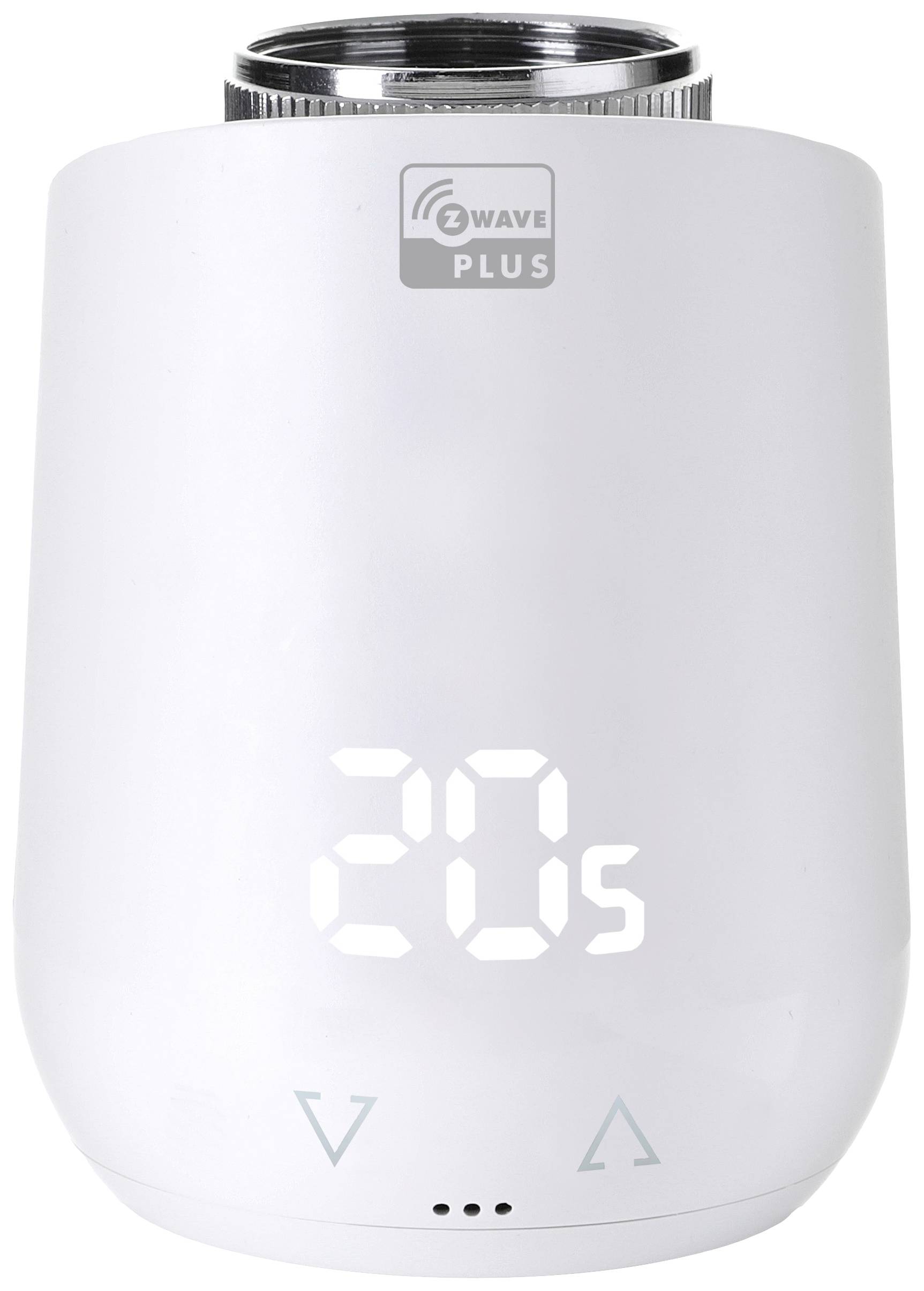 Fehér digitális fűtési termosztát LED-kijelzővel '20s' felirattal, valószínűleg hőmérséklet-szabályozásra. Felül egy rögzítőgyűrű látható.