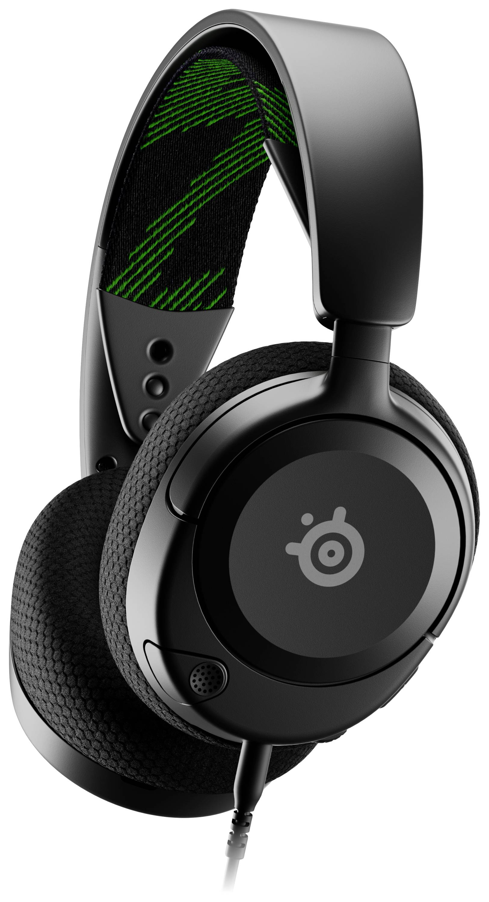 Fekete over-ear fejhallgató zöld textilrészlettel a fejpántján. Márkalogó a fülkagylón. Prémium minőségű gaming kiegészítő.