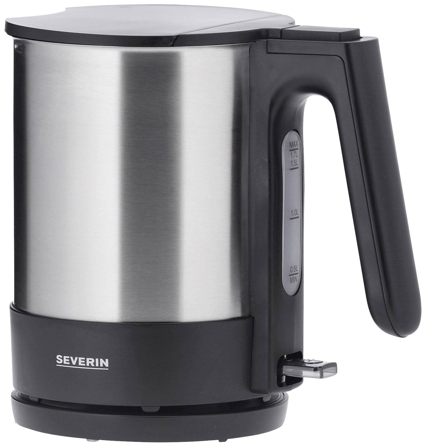 Egy 1,0 liter befogadóképességű, nemesacél ezüstszínű vízforraló, fekete fogóval és talapzattal.