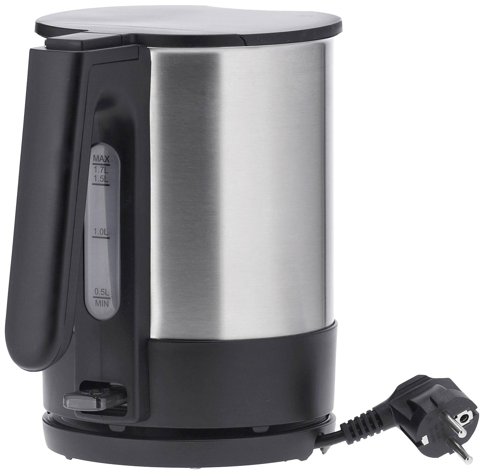 Egy ezüstszínű, rozsdamentes acél vízforraló fekete fogantyúval és alappal. A rajta lévő skála 0,5-től 1,7 literig terjed.