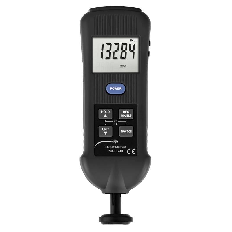 Egy digitális fordulatszámmérő '13284 ford/perc' értéket mutat a kijelzőjén. A készüléknek több kezelőgombja van különböző funkciókhoz.
