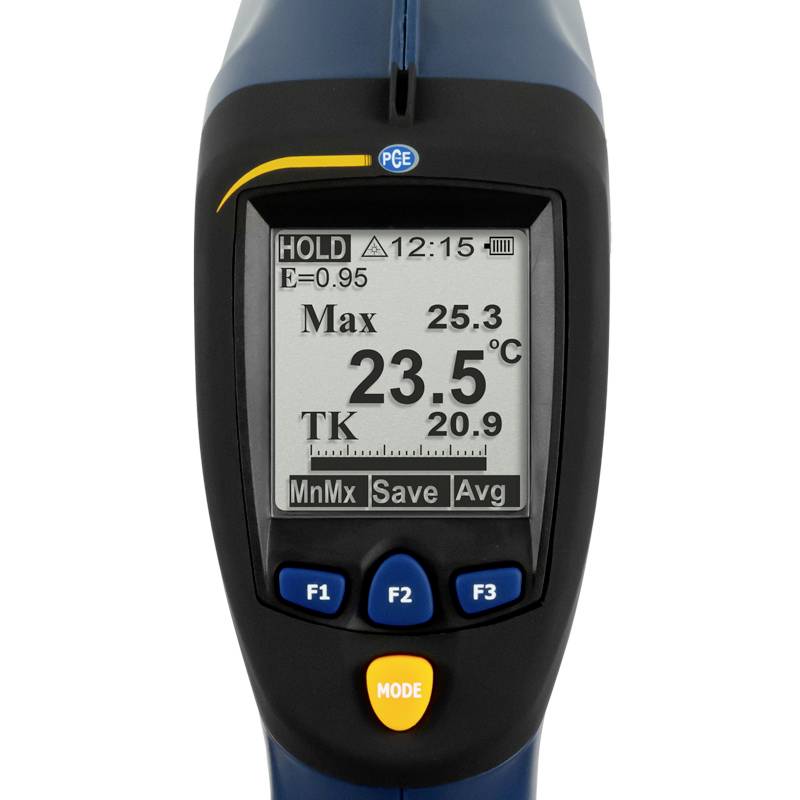 Egy digitális hőmérő 25,3 fok Celsius maximális hőmérsékletet mutat. További gombopciók: Minimum, Átlag, Mentés.