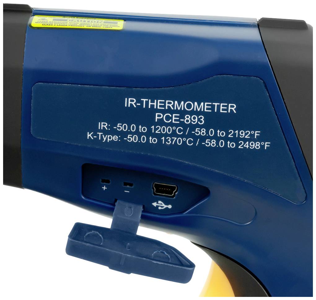Infravörös hőmérő hőmérséklet-tartománnyal -50-től 1200°C-ig (-58-tól 2192°F-ig), PCE-893 modell, K-típusú érzékelővel 1370°C-ig (2498°F-ig).