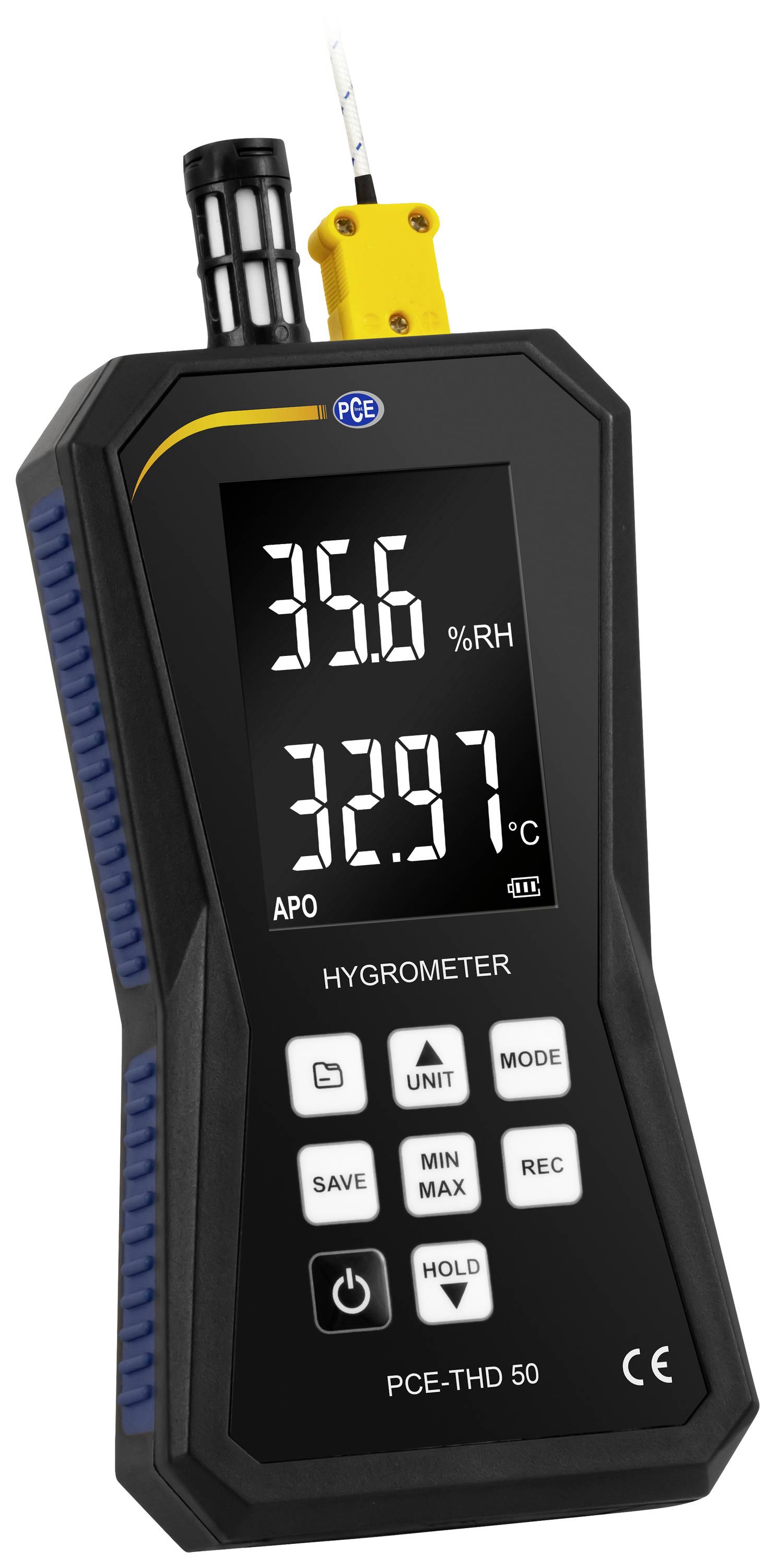 Digitális kijelzős higrométer, amely 35,6% páratartalmat és 32,97°C hőmérsékletet mutat. Gombok a mértékegységek, üzemmód, Min/Max és tartás funkciókhoz.