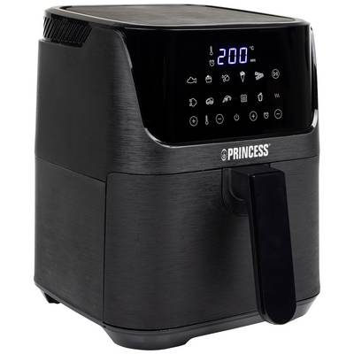 Fekete légkeveréses fritőz digitális kijelzővel, amely 200°C-ot mutat. Különböző főzési módok szimbólumai láthatók.