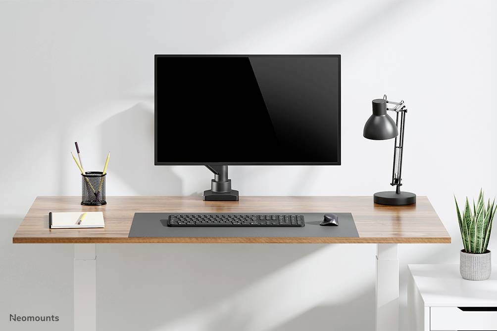 Egy rendezett íróasztal monitorral, billentyűzettel, egérrel, íróasztali lámpával, tolltartóval, notesszel és növénnyel világos fa felületen.
