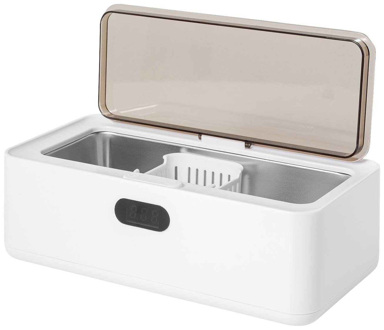 Egy nyitott fedéllel és digitális kijelzővel rendelkező elektromos ultrahangos tisztító, amely ékszerek és kisméretű tárgyak tisztítására alkalmas.