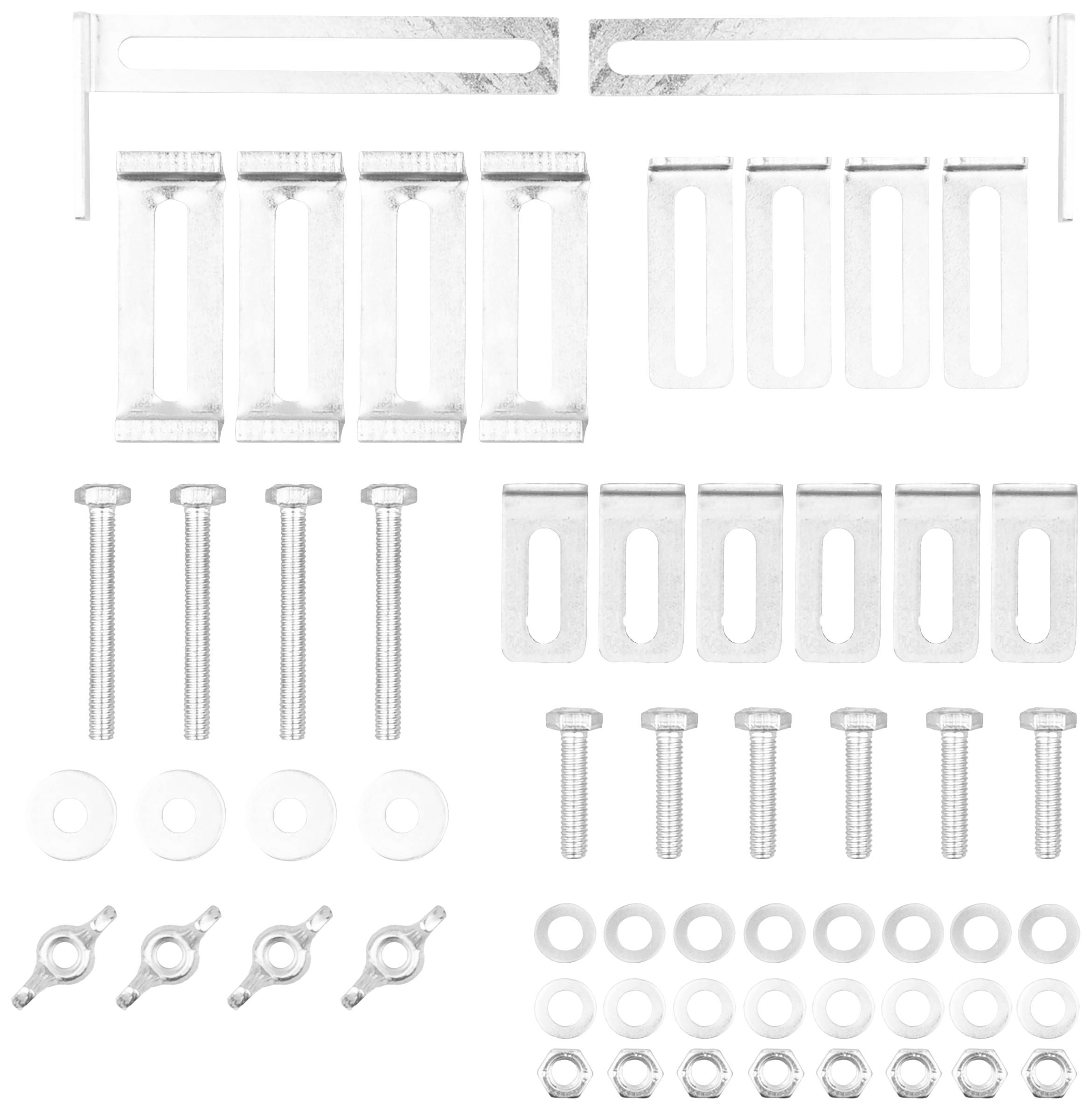 Fémrögzítő készlet csavarokból, anyákból, alátétekből és szerelési konzolokból. Polcok szereléséhez alkalmas.