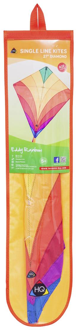 Egy színes egysoros sárkány látható egy 'Single Line Kites, Eddy Rainbow' feliratú csomagolásban.