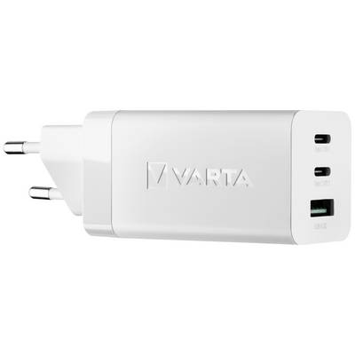 Fehér VARTA töltőkészülék európai csatlakozódugóval, két USB-C és egy USB-A porttal.