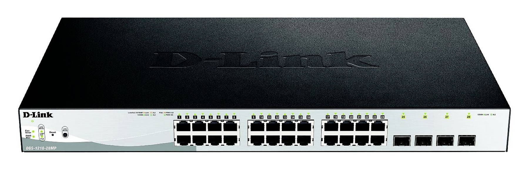 Egy D-Link hálózati switch 24 Ethernet-porttal és 4 optikai szállal. Az előlapján állapotjelző LED-ek és a logó látható.