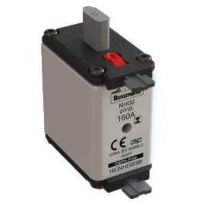 Bussmann NH-biztosíték, NH00 típus, 160A, 'gG/gL' jelöléssel, CE-szimbólummal és 500 VAC vizsgálati jellel.
