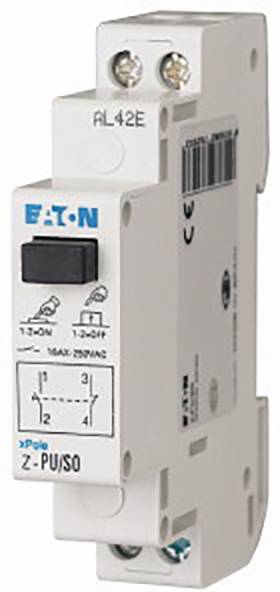 Egy pólusú EATON típusú kismegszakító, 'AL42E' megnevezéssel. Fehér műanyag burkolat és fekete karos működtetés.