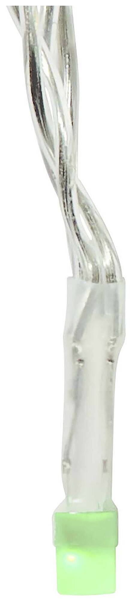 Egy zöld LED-lámpa ezüstös dróton, jellegzetes dekoratív fényfüzérekhez.