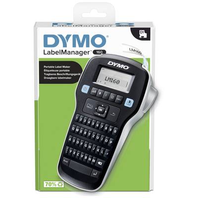 Hordozható feliratozógép 'DYMO LabelManager 160' QWERTZ billentyűzettel, LCD kijelzővel és címkevágóval, a csomagoláson ábrázolva.