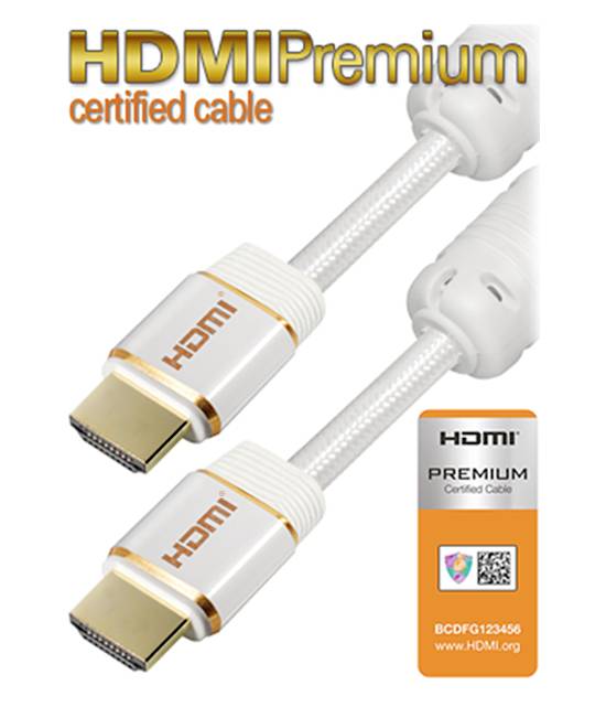 Két fehér HDMI-kábel arany csatlakozókkal, amelyeken a 'HDMI Premium certified cable' felirat és egy tanúsítási logó látható az alsó jobb sarokban.