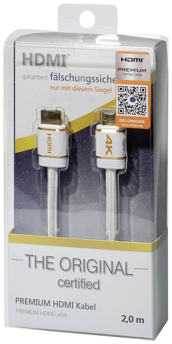 Egy 2,0 m hosszúságú, tanúsított HDMI-kábel csomagolása. Felirata: 'Garantáltan hamisítás ellen védett'. Tartalmaz egy QR-kódot.