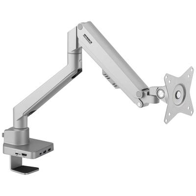 Egy ergonomikus, fémből készült monitorkar állítható csuklóval és több forgásponttal, amely különböző méretű képernyőkhöz illeszkedik.
